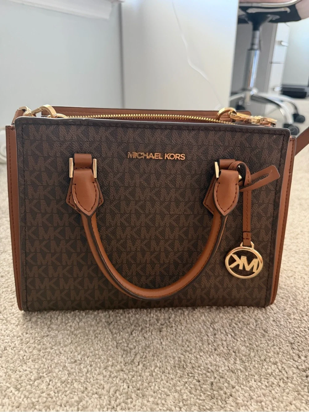 Michael Kors Brown Monogram Logo Satchel with Gold Hardware